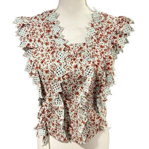 Anthropologie Blue Tassel Trina Bow Top Size XS Floral Lace Cottagecore Prairie
